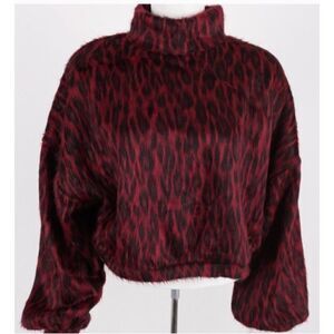 bershka womens red black leopard print crop fuzzy turtleneck sweater small